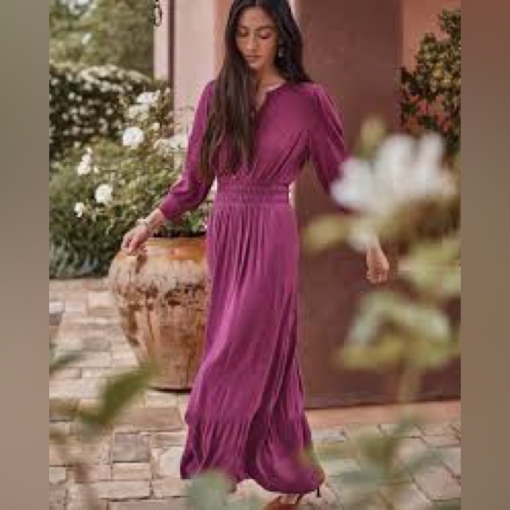 J. Jill Smocked-Details Tiered Dress plum purple magenta a line fit small petite